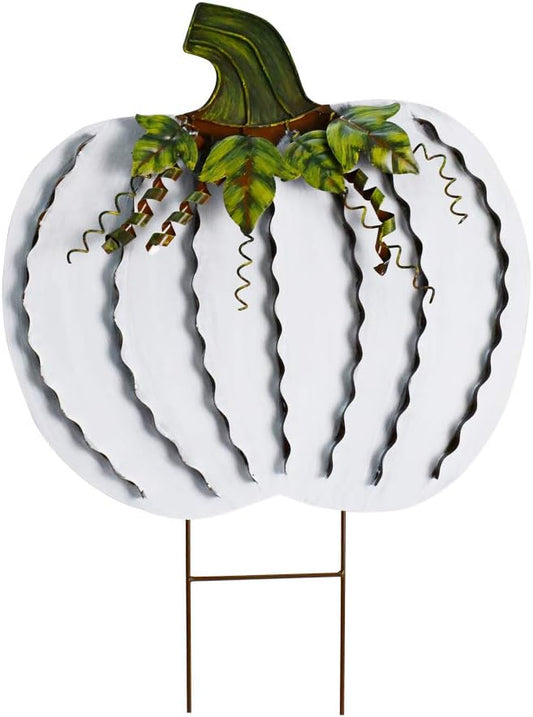 Morning View Pumpkin Garden Stakes Metal Yard Sign Fall Decor Outdoor Autumn Yard Stake Art Pumpkin Lawn Ornaments for Patio Porch Thanksgiving Halloween Harvest 30 Inches Tall(White)