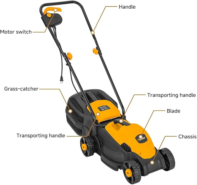 Hoteche 10-Amp Corded Electric Lawn Mower - 12.6 Inch Cutting Width, 30L Grass Bag, 3 Height Adjustments (1"-2.2"), Lightweight Walk-Behind Mower for Small/Medium Lawns (Easy Push Design)