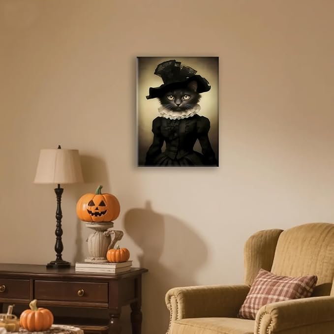 Jatinoo Gothic Black Lady Cat Wall Art - Dark Academia Framed Canvas Print for Witchy Home, Goth Bathroom & Office Decor, Vintage Halloween Cat Lover Gift (11.5x15 Inch)