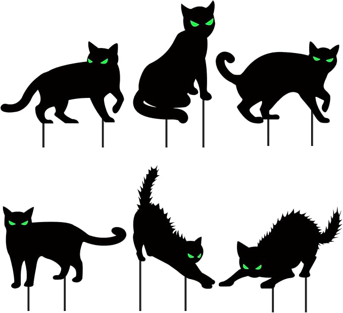 6 PCS Halloween Black Cat Yard Signs with Glow in Dark Eyes, Scary Silhouette Lawn Sign with Stakes, Halloween Decorations for Outdoor Yard Lawn Garden