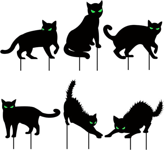 6 PCS Halloween Black Cat Yard Signs with Glow in Dark Eyes, Scary Silhouette Lawn Sign with Stakes, Halloween Decorations for Outdoor Yard Lawn Garden