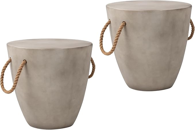 COSIEST Set of 2 Outdoor Cup Shaped Side Table, Concrete Side Table w Hemp Rope Handles,17''Patio Side Tables End Table, Outdoor Accent Table for Garden and Patio, Grey