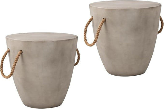 COSIEST Set of 2 Outdoor Cup Shaped Side Table, Concrete Side Table w Hemp Rope Handles,17''Patio Side Tables End Table, Outdoor Accent Table for Garden and Patio, Grey