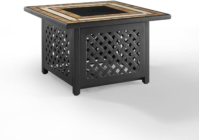 Brown Fire Pit Table with Tiled Top, Beads, and Covers – Propane Backyard Fireplace and Patio Furniture with Hidden Tank Storage