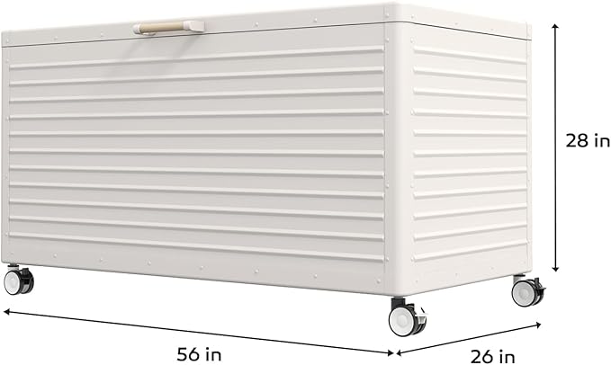 175 Gallon Outdoor Storage Box Waterproof with Wheels, Metal Deck Box for Patio Furniture, Garden Tools, Outdoor Cushion, Latte