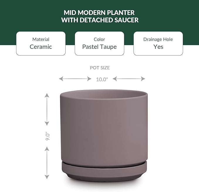 Ceramic Mid Modern Planter Pots with Detached Saucer - Indoor/Outdoor Plant Pots with Drainage Hole