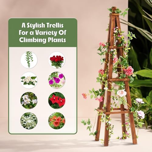 Idzo 61-Inch Wood Obelisk Trellis for Climbing Plants – Heavy-Duty Wooden Garden Trellis for Outdoor & Indoor Decor, Easy Assembly, Space-Saving Plant Support for Patio, Yard, and Planters