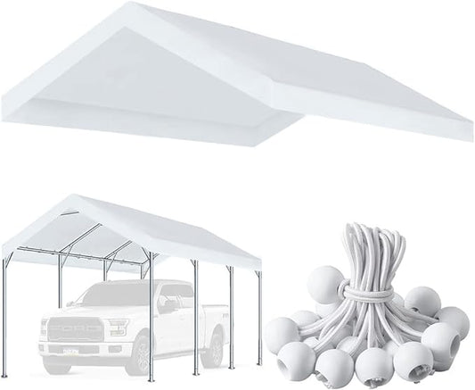 10'x20' Upgraded Carport Replacement Top Canopy Cover for Car Garage Shelter Tent Party Tent with Ball Bungees White (Only Top Cover, Frame is not Included)