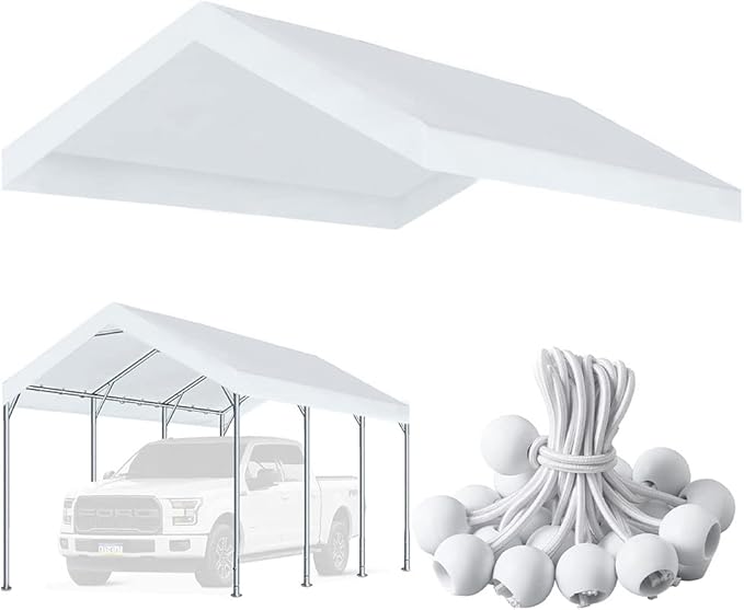 12'x20' Upgraded Carport Replacement Top Canopy Cover for Car Garage Shelter Tent Party Tent with Ball Bungees White (Only Top Cover, Frame is not Included)