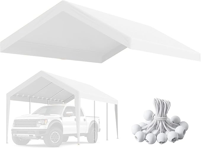 10'x20' Canopy Replacement Cover, Beefull Carport Replacement Canopy for Car Garage, Waterproof & UV Protected Tarp with Ball Bungees, White (Frame is not Included)
