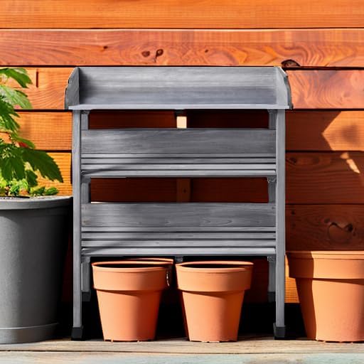 Yaheetech Garden Potting Table Horticulture Potting Bench w/Storage Shelf W/Metal Tabletop w/Hook 3 Shelves Workstation Work Benches Station, Gray