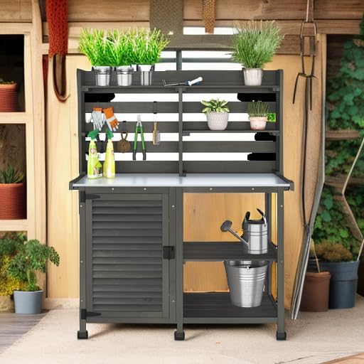 GDLF Potting Bench Table Large Garden Outdoor Work Bench Metal Tabletop Workstation with Storage Cabinet Shelf Dark Grey