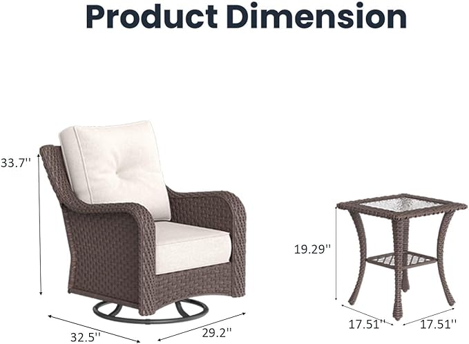 3 Pieces Outdoor Patio Furniture Sets with Rocking Swivel Chairs with 6-inch Thick Cushion and Side Table for Deck Lawn