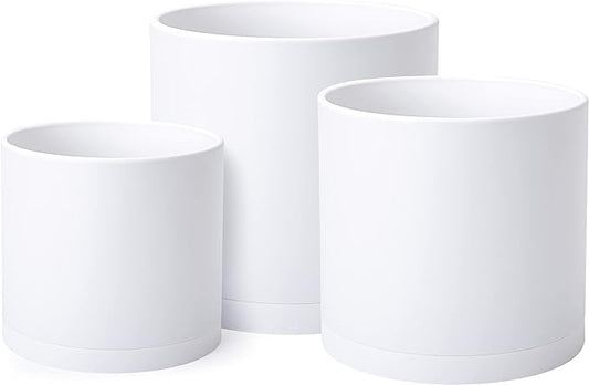 D'vine Dev 8 Inch 10 Inch 12 Inch, Set of 3 Plastic Planter Pots for Plants with Drainage Hole and Seamless Saucers, White Color, X-Large, 74-V-A-5