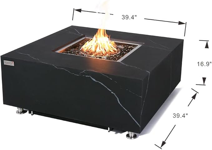 Sofia Marble Fire Pit 39.4" x 39.4" Outdoor Patio Firepit Includes Fire Glass Modern Fire Pits & Outdoor Fireplaces for Garden, Deck, Indoor & Outdoor Heating