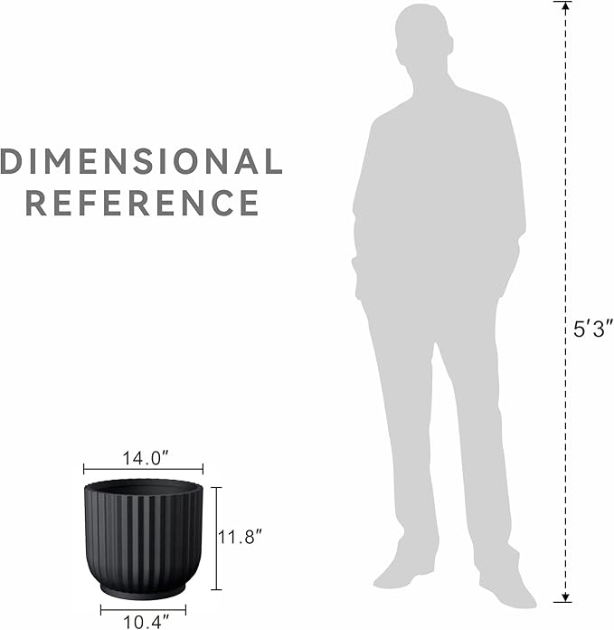 Kante Round Fulted Planter, 14 Inch Dia Large Concrete Plant Pots with Drainage Hole and Rubber Plug, Modern Decor for Indoor Outdoor Plants, Flower, Black