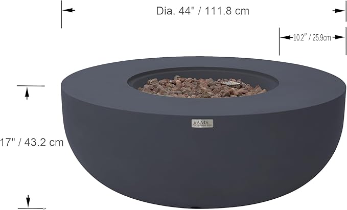 AMS Creations | Eclipse 44" Round Cast Concrete Propane Gas Fire Pit Bowl Table | Dark Gray | Smooth Texture Surface | Electronic Ignition | Outdoor Patio Heater Outside Backyard Fireplace