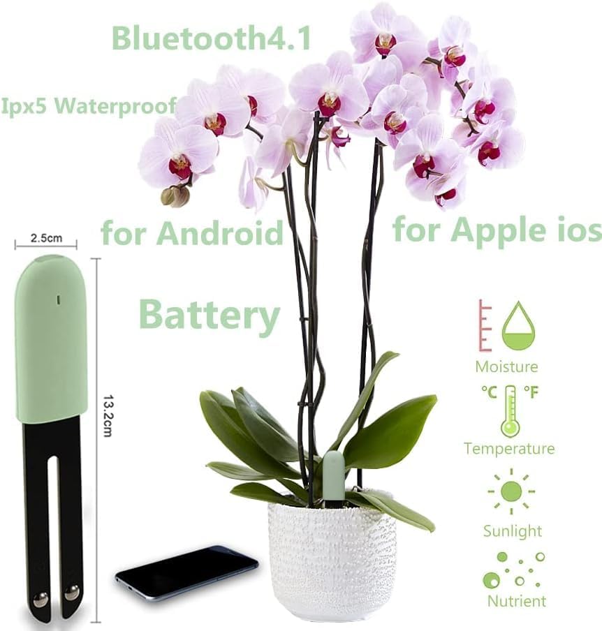 Soil Moisture Meter 4 in 1 for HHCC, Plant Water Monitor, Automatically detects Moisture/Temperature/Light/Fertility, Can Connect to Mobile Phone via Bluetooth, Plants Sensor for Indoor (Green - 1pcs)