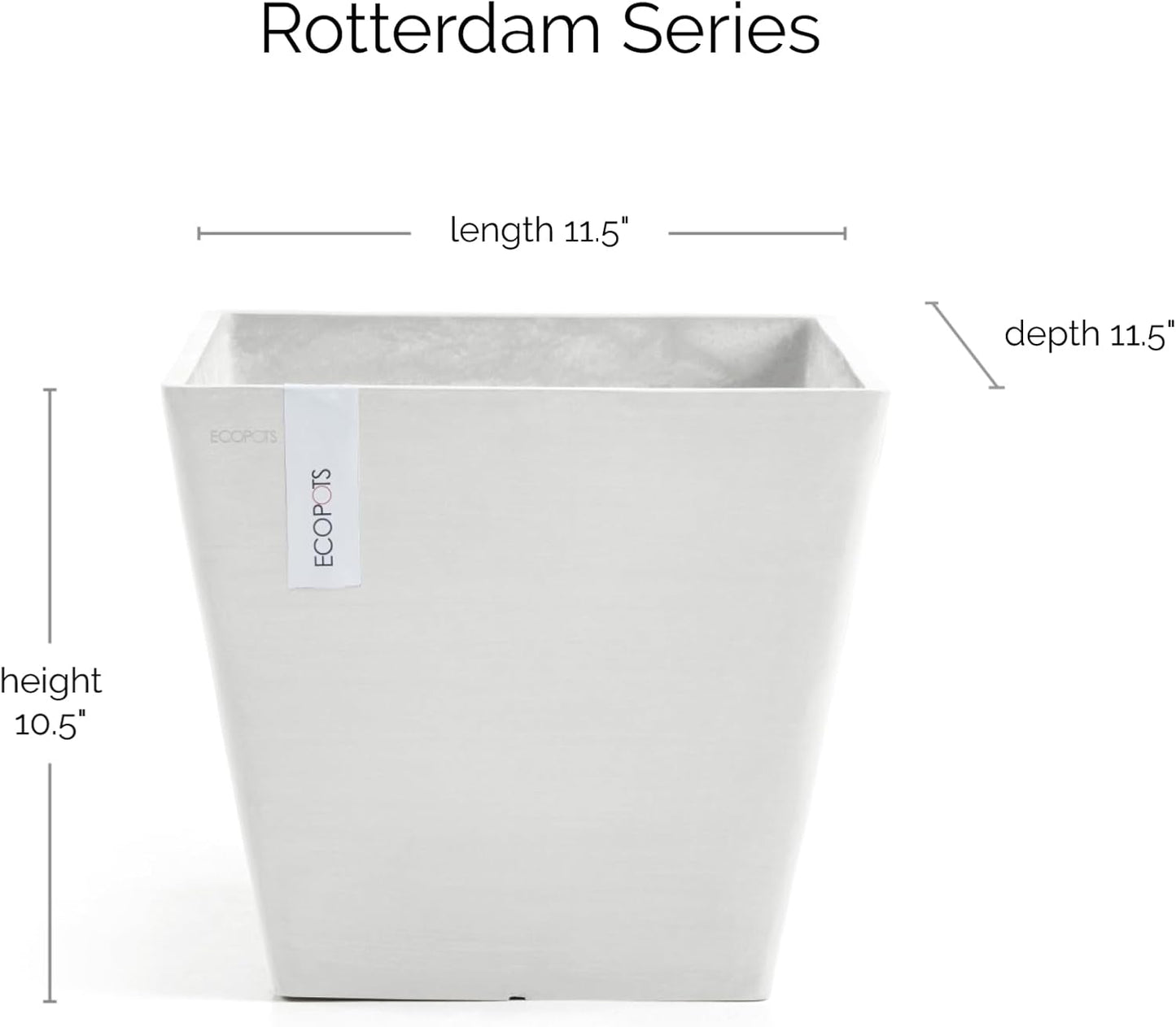 Ecopots Rotterdam Durable Modern Square Indoor/Outdoor Recycled-Based Composite Flower Planter, Pure White, 12"