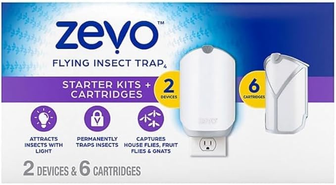 Zevo MAX Bug Catcher & Fly Trap for Indoors - Flying Insect Trap for Gnats, House & Fruit Flies - Use in Any Room (2 Devices & 6 Cartridges)
