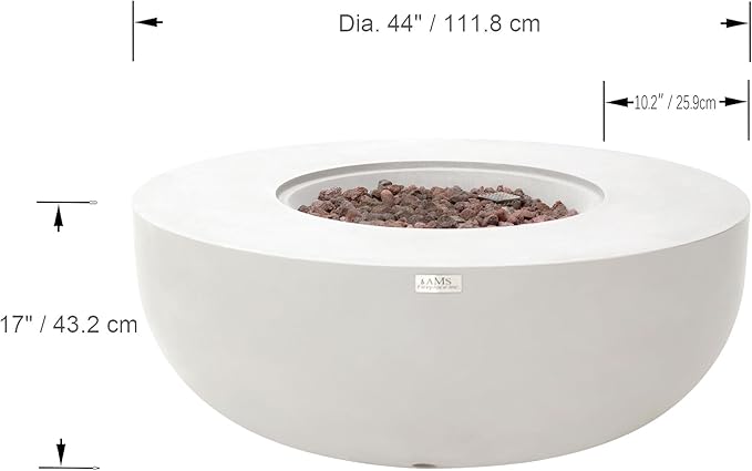 AMS Creations | Eclipse 44" Round Cast Concrete Propane Gas Fire Pit Bowl Table | Cream White | Smooth Texture Surface | Electronic Ignition | Outdoor Patio Heater Outside Backyard Fireplace