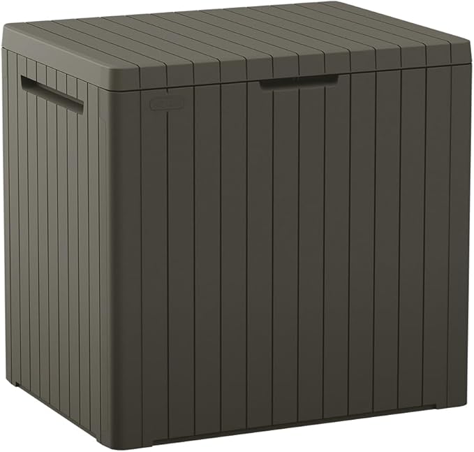 Keter City 30 Gallon Resin Outdoor Storage Box and Patio Furniture Side Table for Pool and Garden Accessories, Mossy Brown