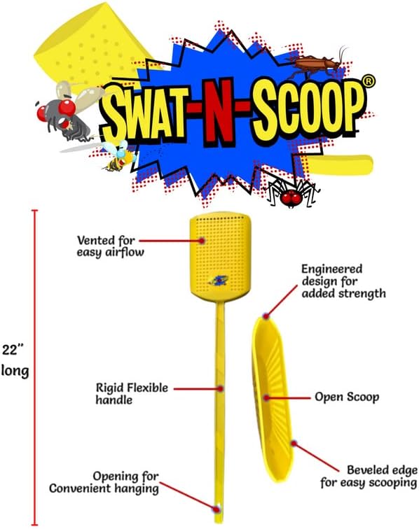 Heavy Duty Fly Swatter and Spider Catcher and Release. Insect Fly Catchers for Inside Home. House Fly Swatter or Humane Bug Catcher with Built in Insect Scoop. (2pk, Yellow)