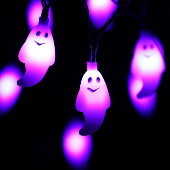 60 LED Halloween String Lights - 20ft Purple Ghost String Light Plug in with Timer, 8 Modes, Extendable, Waterproof - Spooky Decor for Outdoor Garden Yard House Bedroom Holiday Party Decorations