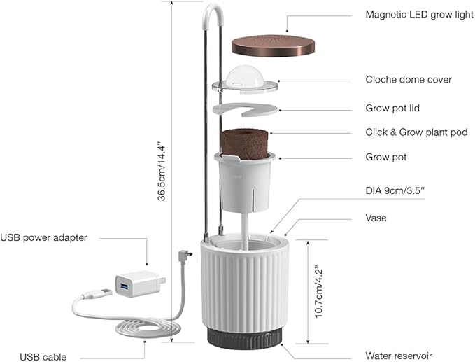 Mini Smart Planter Kit with Petunia Plant Pods by Click&Grow, Hydrovase Indoor Garden, Self-Watering Pot with Grow Light (White)