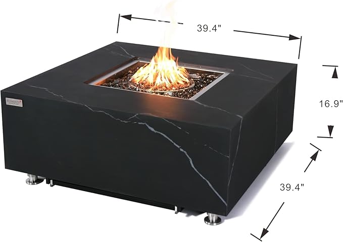 Elementi+ | Bundle Sofia Gas Fire Pit | Marble Porcelain & Metal Frame | 40" Square Fire Table | Electronic Ignition | Canvas Cover, Fire Glass & Burner Lid Included | Black | Natural Gas
