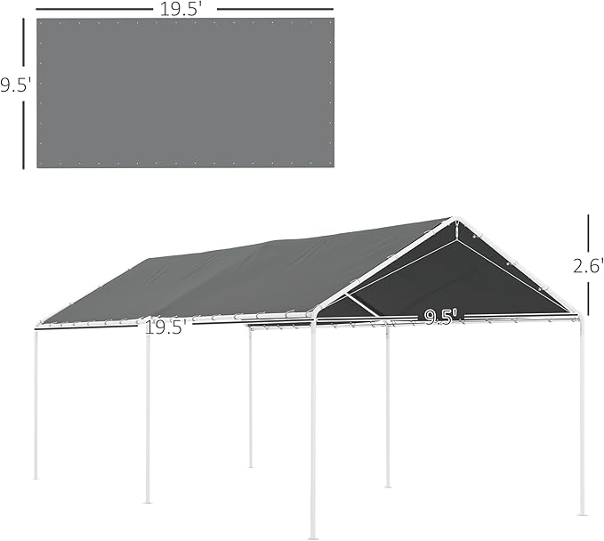 Outsunny 10' x 20' Carport Replacement Top Canopy Cover, UV Resistant and Water Resistant Car Port Portable Garage Tent Cover with Ball Bungee Cords, Dark Gray, Only Cover