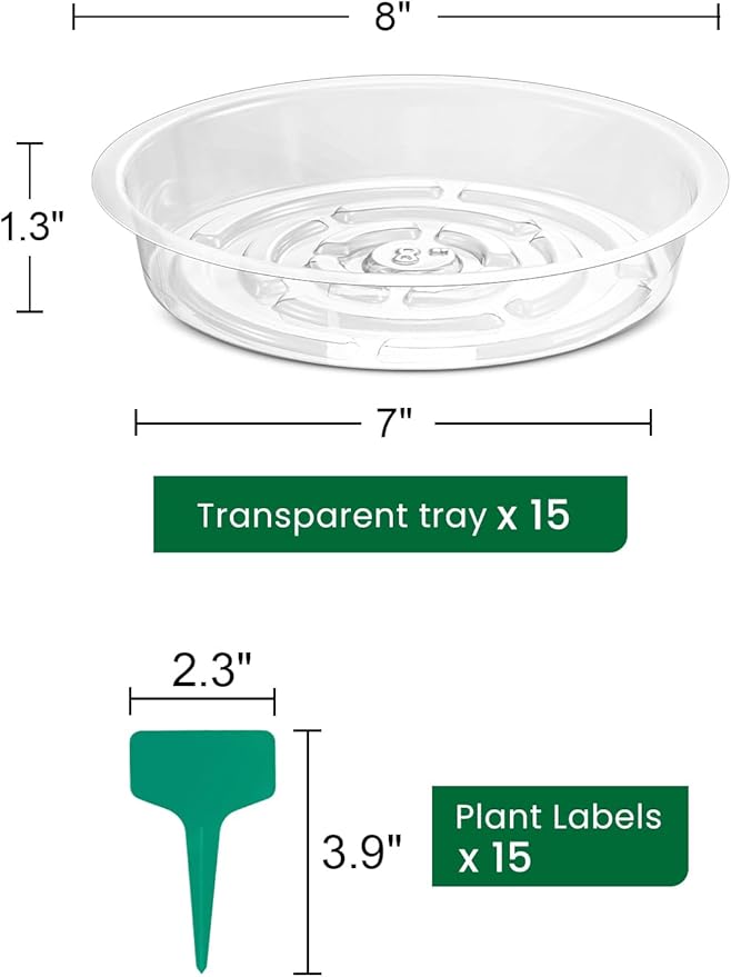 GROWNEER 15 Packs 8 Inches Clear Plant Saucers Flower Pot Trays, with 15 Pcs Plant Labels, Plastic Plant Saucer Drip Trays for Indoor Outdoor Plants Garden