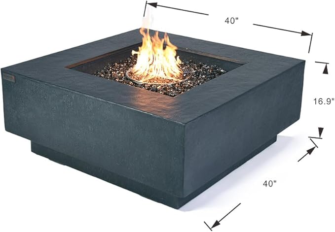 Bergen Concrete Fire Pit 40" x 40" Patio Firepit Includes Fire Glass Modern Fire Pits & Outdoor Fireplaces for Garden, Deck, Indoor & Outdoor Heating