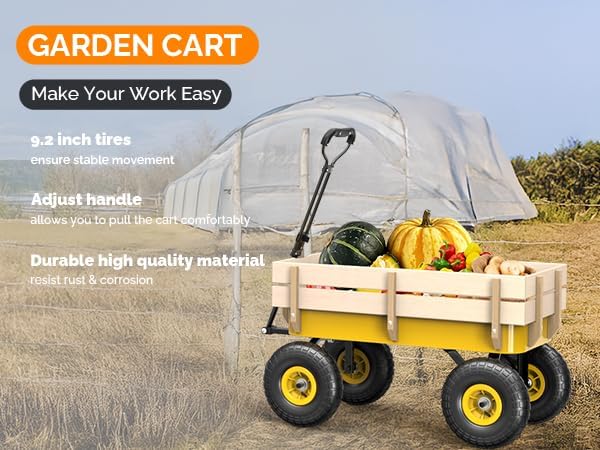 VINGLI Steel Garden Wagon Cart on Wheels, 330lb Load Capacity, Removable Heavy Duty Wooden Side Panels, with Extendable Handle and 10inch All-Terrain Tires, Wheelbarrow for Yard Landscaping (Yellow)