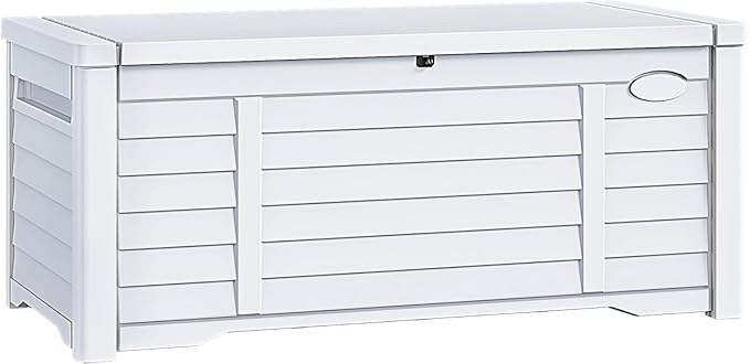 DWVO Large Deck Box 120 Gallon Waterproof Outdoor Storage Box, Extra Large Outdoor Bin, Resin Louvered Patio Storage for Indoor Pillows, Garden Tools & Pool Supplies, Lockable, White