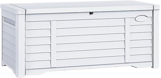 DWVO Large Deck Box 120 Gallon Waterproof Outdoor Storage Box, Extra Large Outdoor Bin, Resin Louvered Patio Storage for Indoor Pillows, Garden Tools & Pool Supplies, Lockable, White