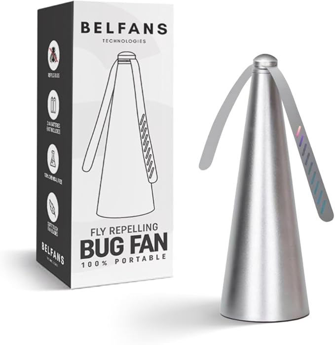 FlyRepellent Fan for Tables – USB Powered/Rechargable, Soundless Fly Swatter with Holographic Blades and Portable Fly Fan for Bees, Wasps & Outdoor Use (1, Silver Rechargeable)