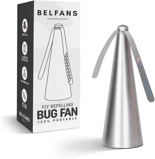 FlyRepellent Fan for Tables – USB Powered/Rechargable, Soundless Fly Swatter with Holographic Blades and Portable Fly Fan for Bees, Wasps & Outdoor Use (1, Silver Rechargeable)