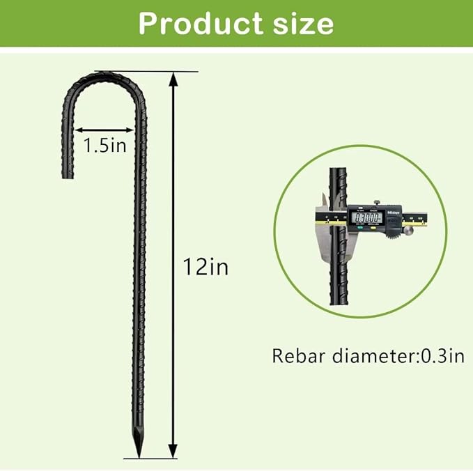 Ground-Stakes-Heavy-Duty-12 inch, J-Hook Rebar Stakes Black Coated Anti-Rust 10pcs Garden Stakes Metal Ground Anchors for Garden Dog Fence Chicken Coop Christmas Decorations Deer Fence