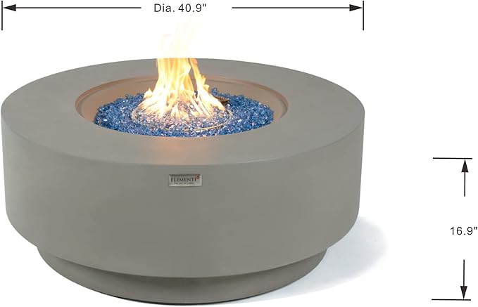 Elementi+ | Colosseo Gas Fire Pit Cast Concrete 40" Dia. Round Fire Table, Outdoor Fire Pit Electronic Ignition | Canvas Cover, Fire Glass and Burner Lid Included | Light Gray | Propane Gas