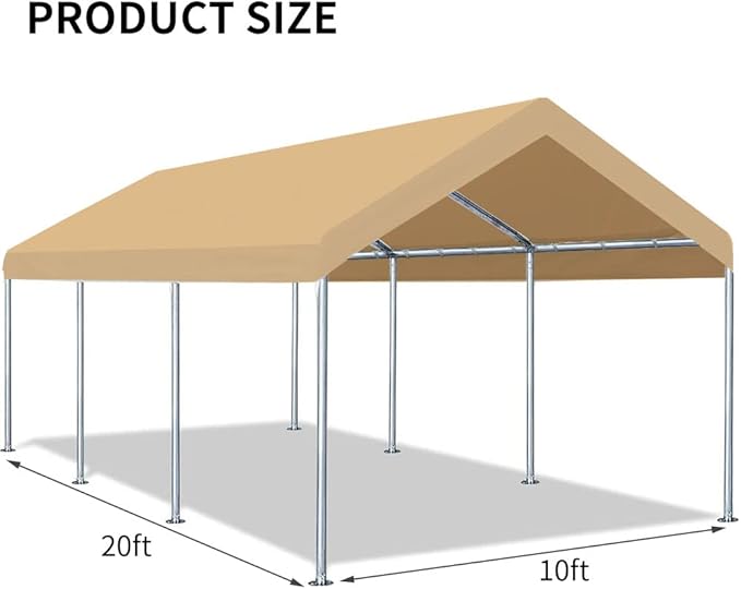 10'x20' Upgraded Carport Replacement Top Canopy Cover for Car Garage Shelter Tent Party Tent with Ball Bungees Beige (Only Top Cover, Frame is not Included)