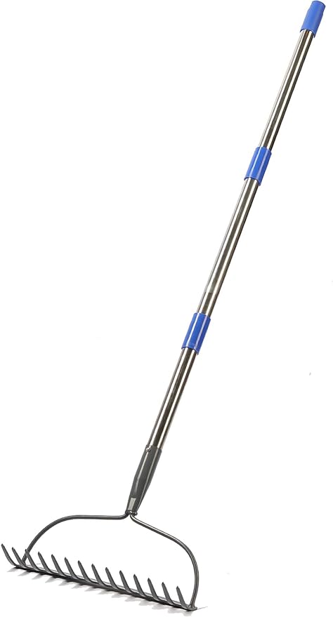 Garden Rake, 5 FT Metal Rake for Lawns Level Head Rakes with Stainless Steel Handle for Loosening Soil
