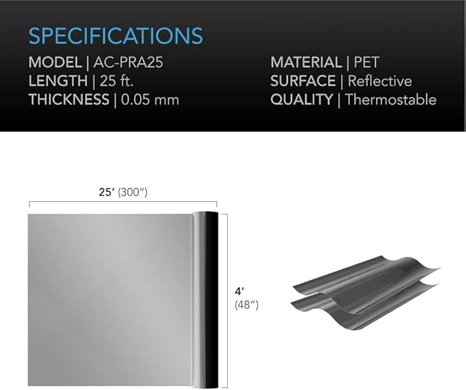 AC Infinity Mylar Film Roll 4' x 25', Reflective PET Foil Sheet, 2 mil Thick Tear-Resistant Cover Vapor Barrier for Greenhouses, Patio, Gardens, and DIY Grow Rooms