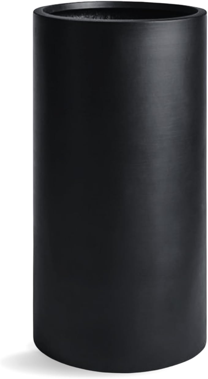 19.5"H x 9.8"D Tubo Fiberstone Cylinder Tall Planter with Drainage Hole, Smooth Finishes, Weather Resistant for Indoor and Outdoor Use, Included 2 Extra Coco Mats (Black, 8.2" Pot Opening)