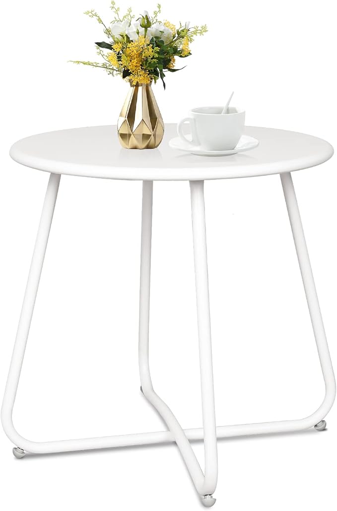 Babion White Round Patio Side Table, Small Accent End Table for Patio Yard Garden, Indoor & Outdoor