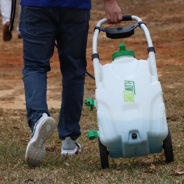 FlowZone Monsoon 2.5 Battery Powered Backpack Sprayer - Variable-Pressure 5-Position Wheeled Lawn Sprayer - 9 Gallon