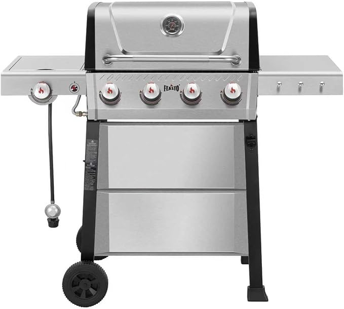 All Stainless Steel 4+1 Burner Gas BBQ Grill, Outdoor Propane Grill with Premium Enameled Coated Chamber Body & Porcelain-Enameled Cast lron Grates, 48,000 BTU