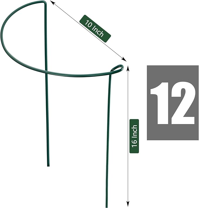 FEED GARDEN 12 Pack Plant Support Stakes, Peony Cages and Supports, Metal Garden Plant Stake(10" Wide x 16" High) Green Half Round Plant Support Rings for Outdoor Indoor Plants, Tomato, Hydrangea