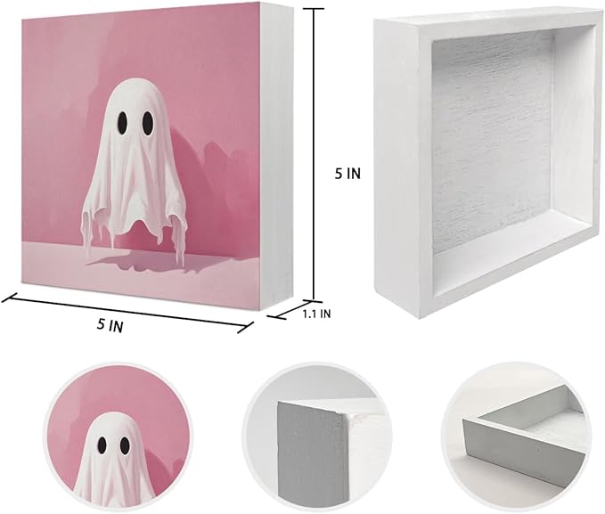 Mtrgdn Cute Halloween Decor,Halloween Decorations Indoor,Pink Ghost Desk Decor Wooden Box Sign,Halloween Home Office Kitchen Bathroom Bedroom Coffee Bar Table Shelf Wall Decorations,5x5 Inch