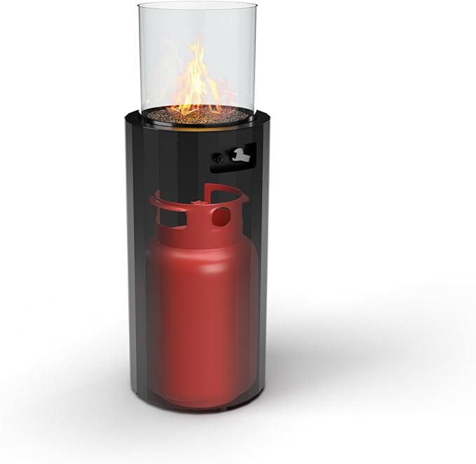 Planika BINO Outdoor Gas Fireplace - Black Fire Column with Glass Shield for Patio or Gardens (Outdoor Cover Incl)